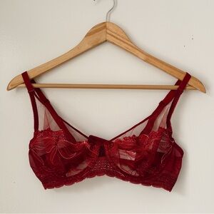 Simone Perele French Lingerie Sheer Lace Embroidered Floral Bralette in Red